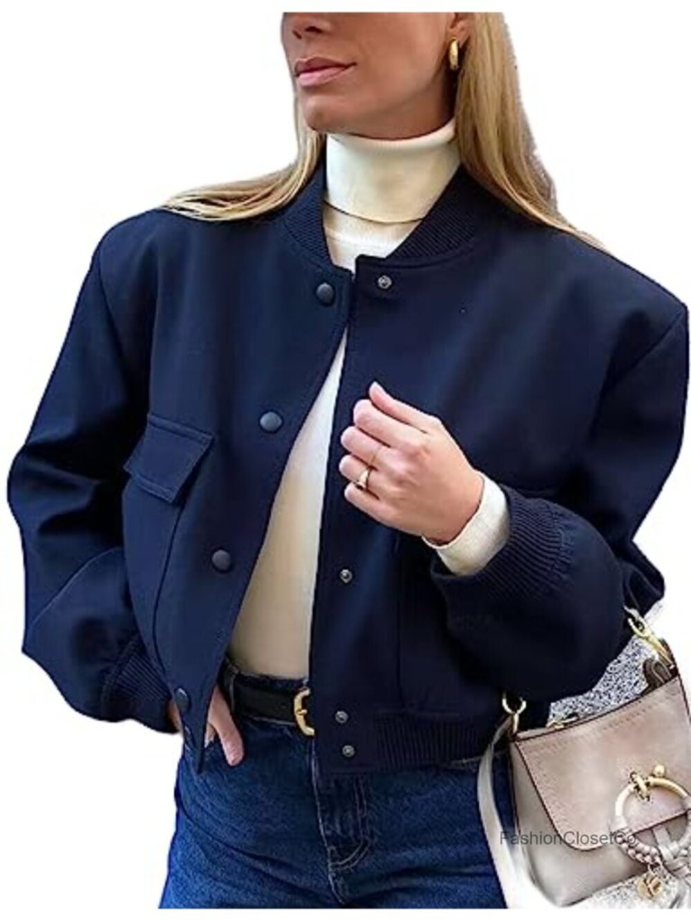 Cropped Bomber Jacket Button Down Varsity Shacket Womens Casual